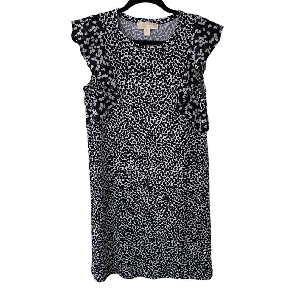 Michael Kors Heart Print Dress Womens Small Black White Flutter Sleeve Shift